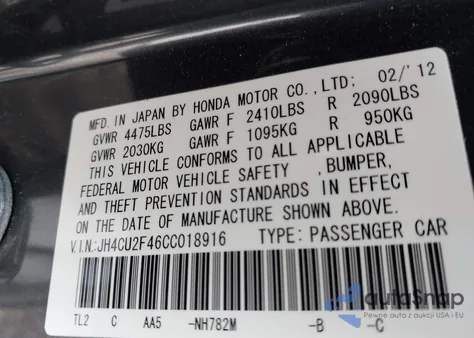2012 Acura Tsx 2.4 z USA, uszkodzony, nr VIN JH4CU2F46CC018916
